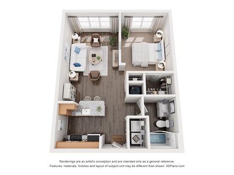 Floor plan for 1 bed, 1 bath, 702 sqft